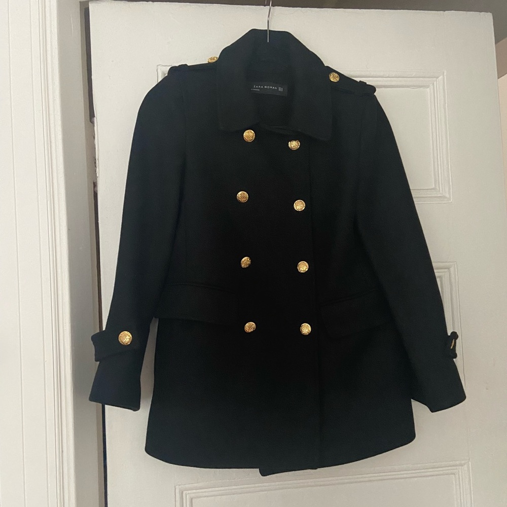 Zara Black Military Coat with Gold Buttons Size XS